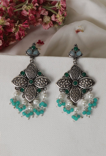 Emerald Kundan Oxidized Drop Earrings